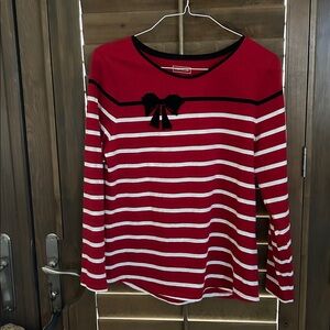 Charter Club Women’s Red/White Striped LongSleeve Top with Black Accent -Size L